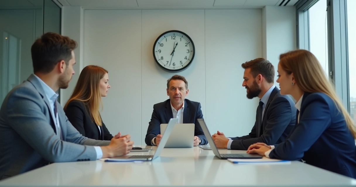 Equipe em reunião sob pressão com foco em expressão tensa e relógio ao fundo