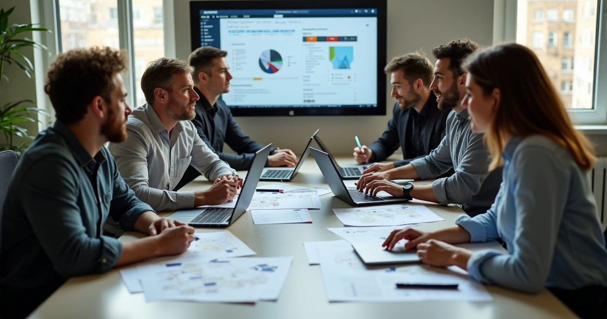 Equipe reunida decidindo entre criar site próprio ou contratar agência 