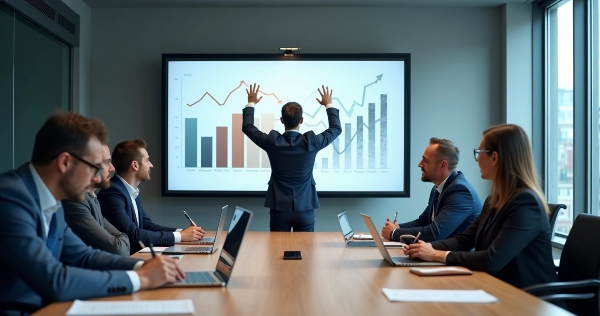Equipe em reunião observando líder diante de gráficos contraditórios