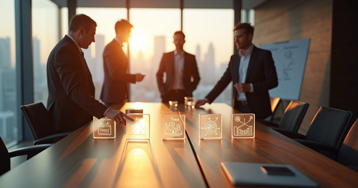 Executivos b2b apontando cards de gatilhos mentais em mesa de reunião 