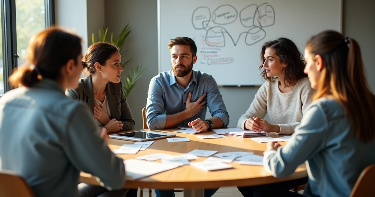 Grupo em reunião tomando decisão ética com foco nas emoções 