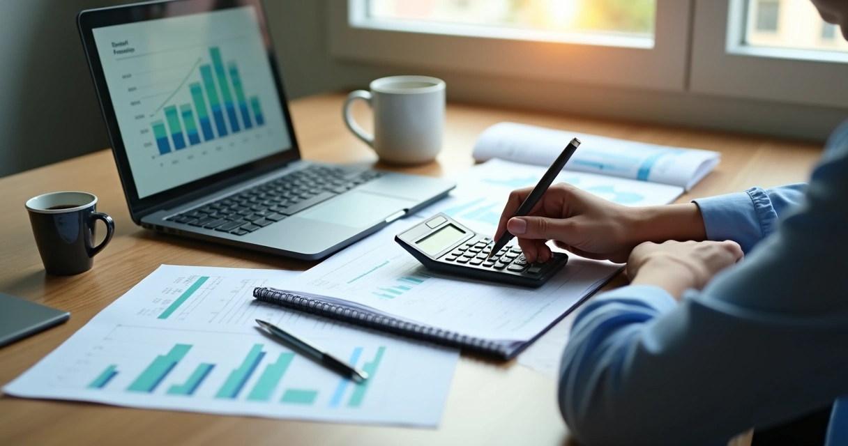 Pessoa analisando gráficos e orçamento com expressão concentrada em mesa de trabalho