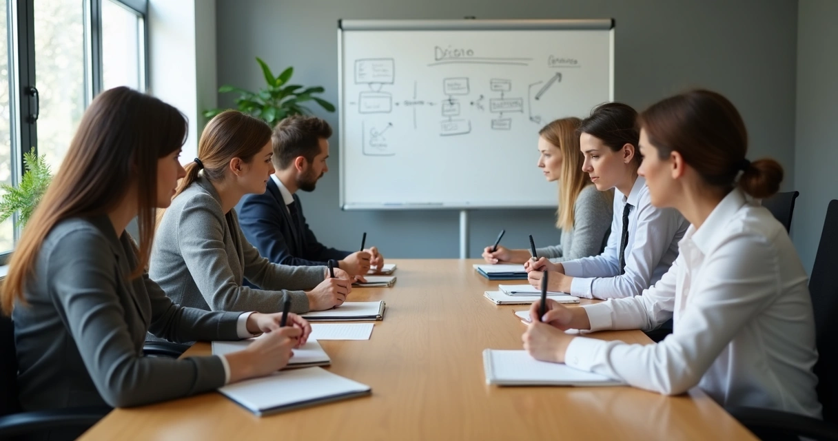 Equipe em reunião registrando opiniões individuais antes do debate