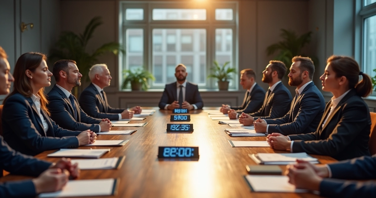 Equipe reunida em torno de uma mesa, alguns membros de olhos fechados praticando meditação rápida, ambiente de reunião, expressões focadas e calmas