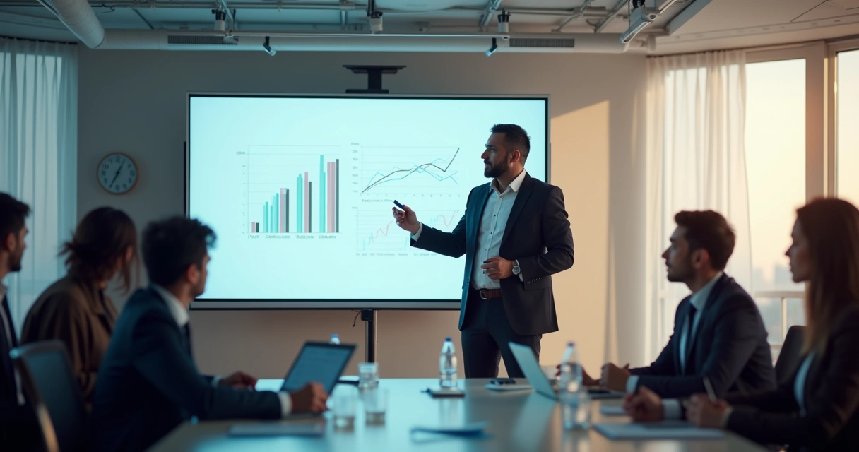 Empresário apontando para gráfico em apresentação de vendas para decisor 