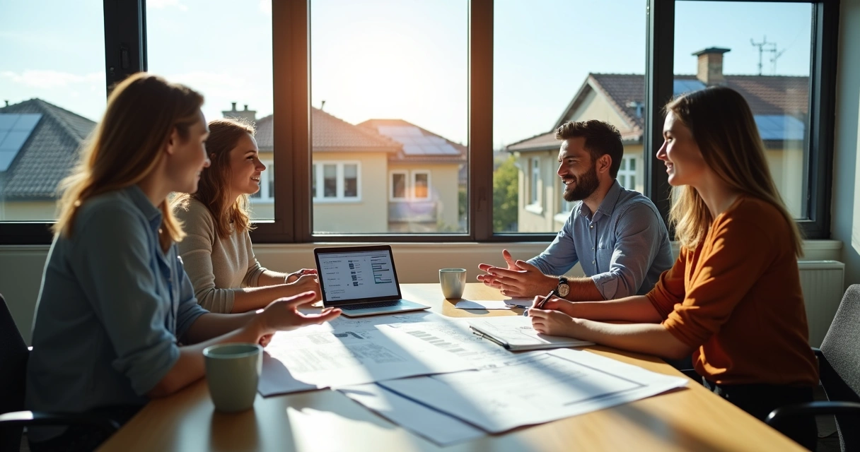 Equipe reunida discutindo projeto de energia solar
