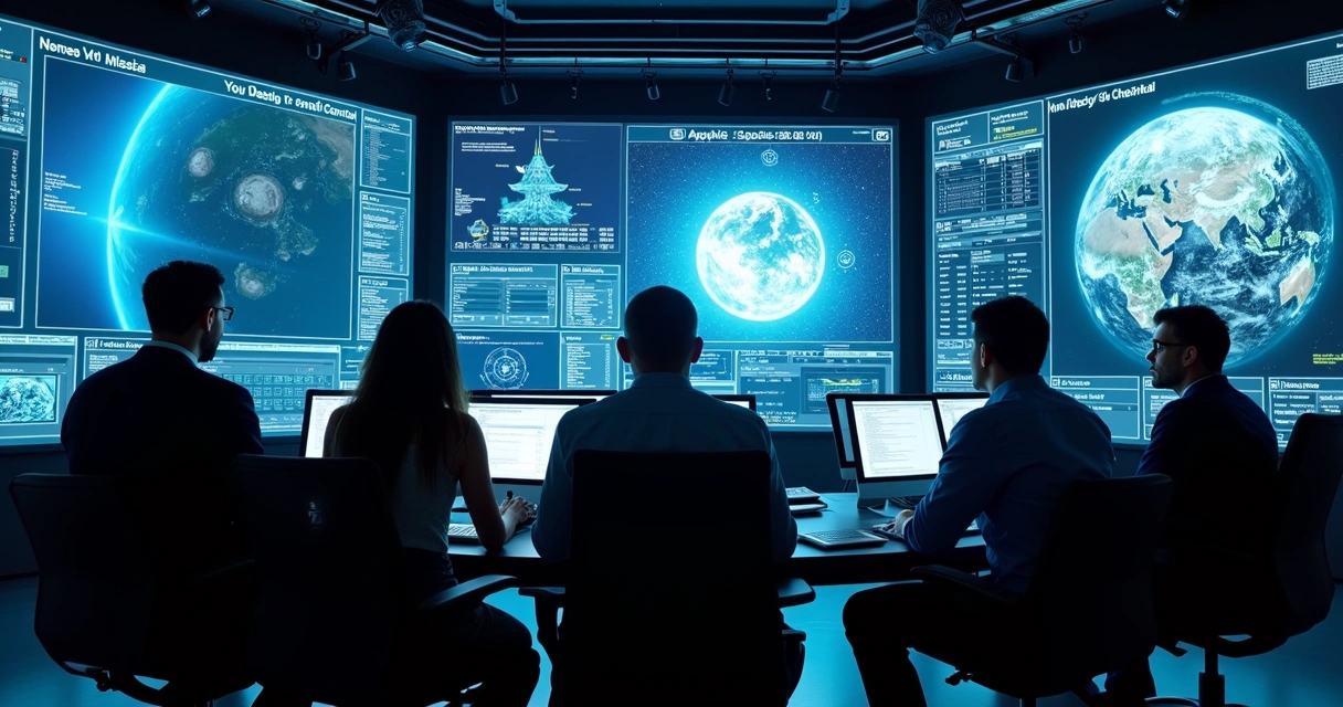 Equipe internacional coordenando missão de defesa planetária em centro de controle