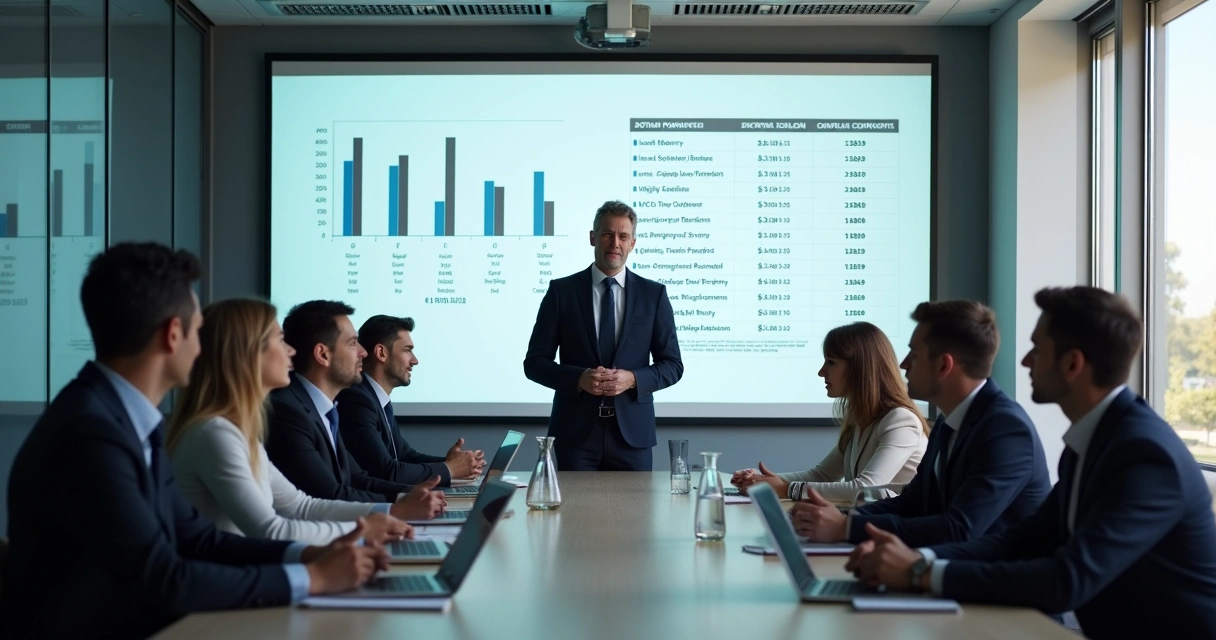 Reunião de equipe discutindo política de comissões, com gestor apontando tabelas de vendas e vendedores atentos. 