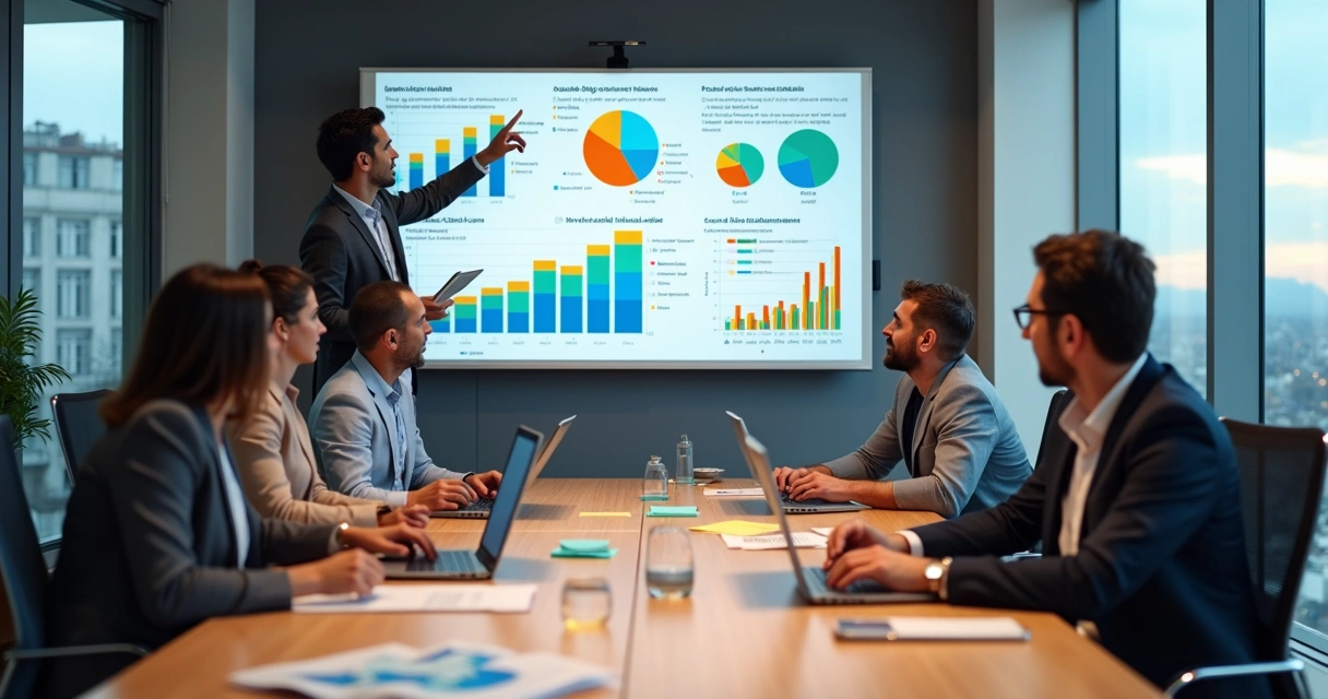 Equipe de vendas B2B em reunião analisando painel de dados para definir ICP 