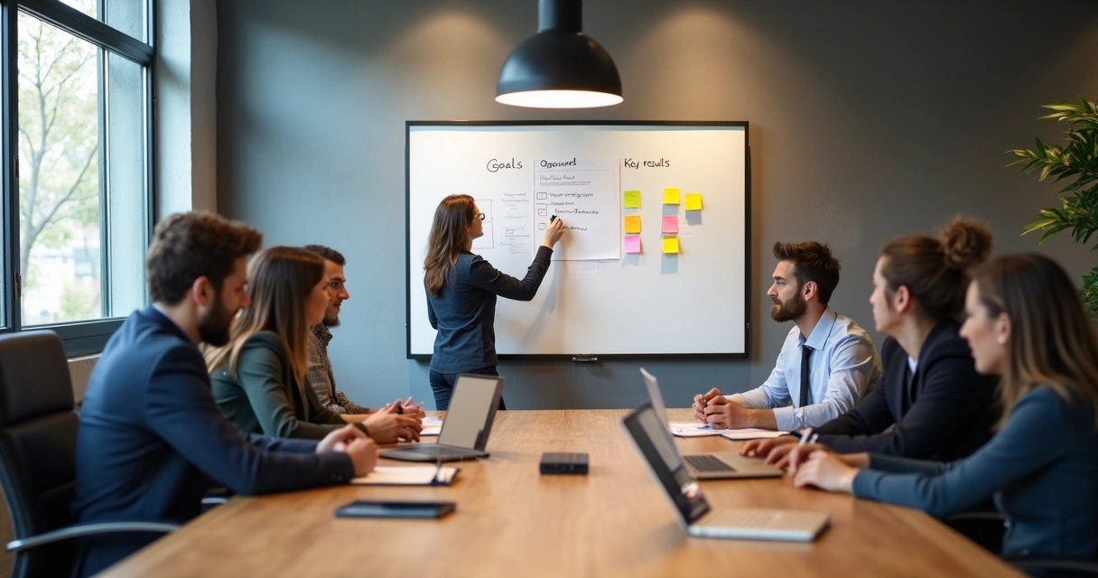 Equipe reunida discutindo metas e objetivos na sala de reuniões
