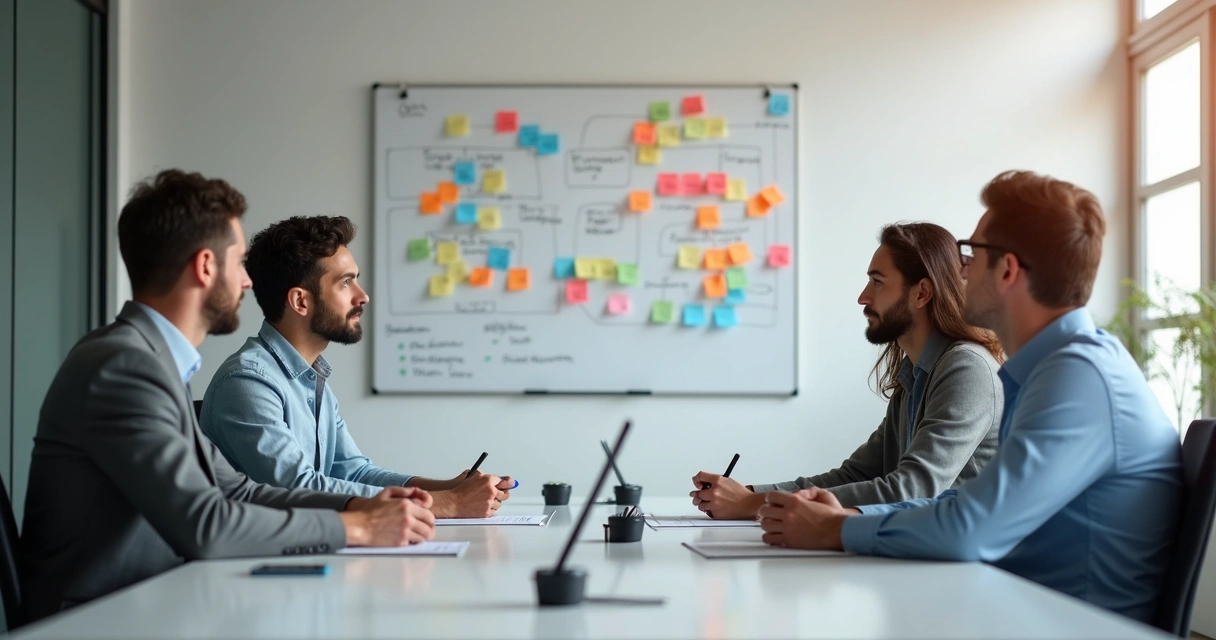 Gestores reunidos alinhando objetivos em painel branco com lembretes