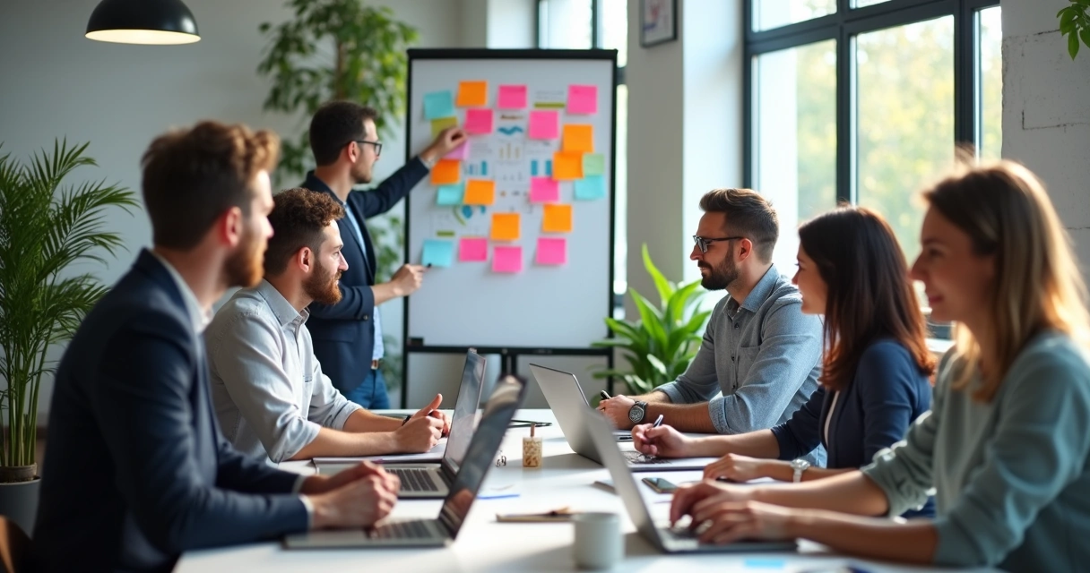 Equipe reunida em sala discutindo definição de OKRs 