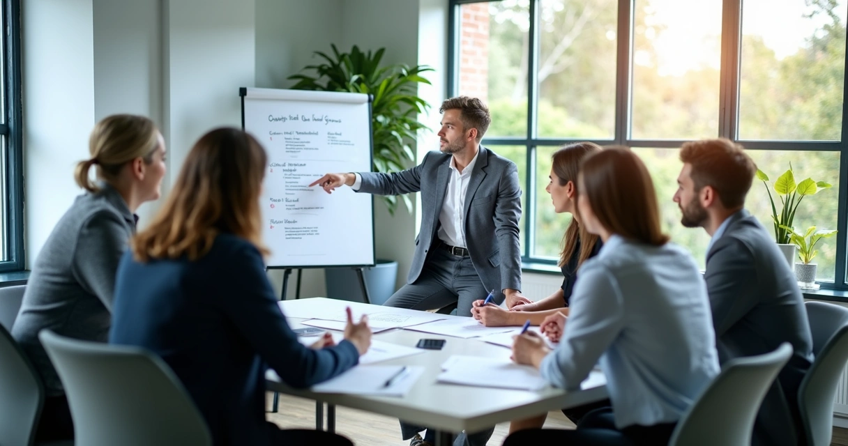 Equipe em reunião definindo responsabilidades