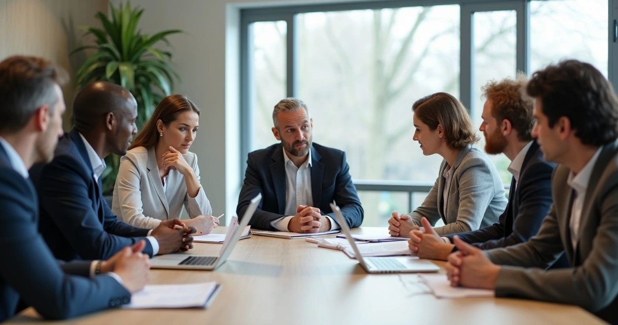 Equipe sentada em torno de uma mesa, conversando seriamente 