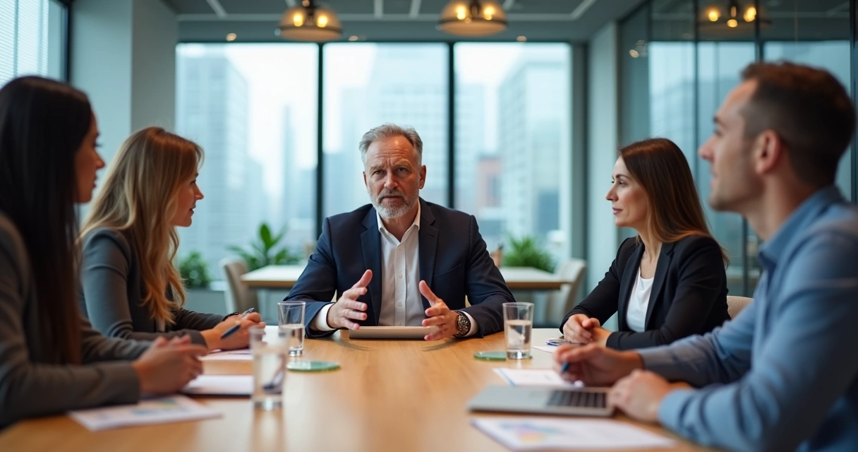 Líder conduz reunião delicada e objetiva em sala de reunião moderna 