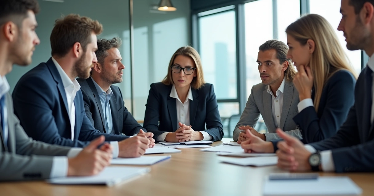 Equipe em reunião com expressões tensas e postura atenta em torno de uma mesa de escritório
