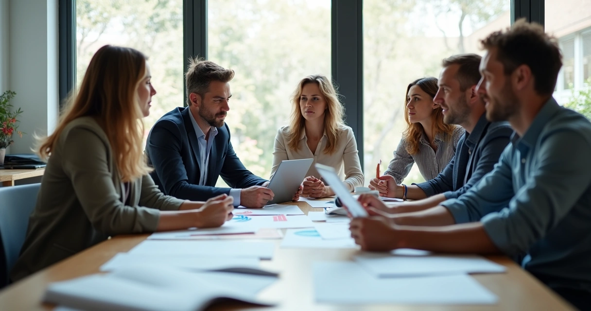Pessoas em reunião de trabalho, discutindo um problema complexo juntos