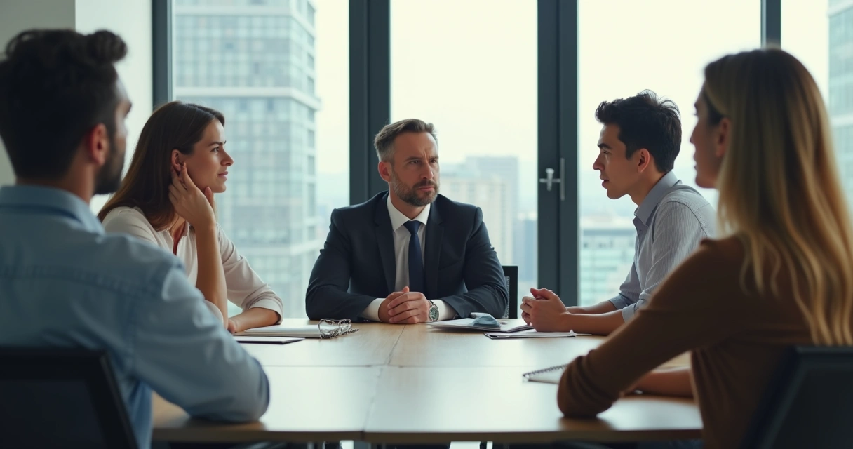 Equipe de trabalho em reunião tensa, expressando desconforto 