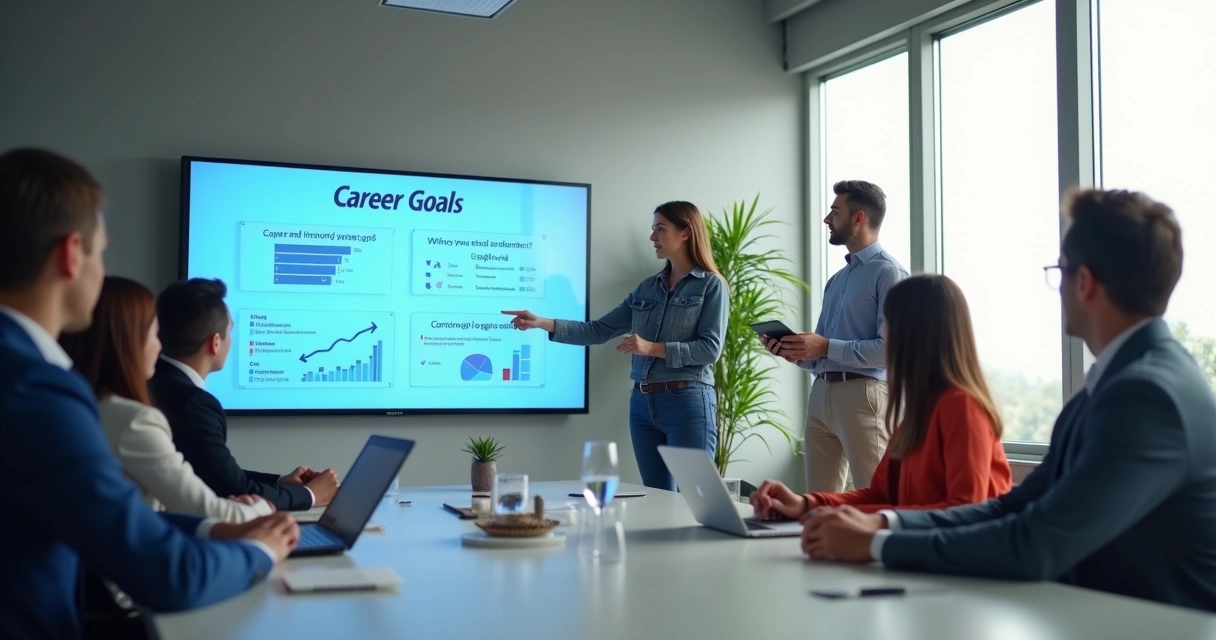 Equipe em reunião acompanhando metas em quadro digital