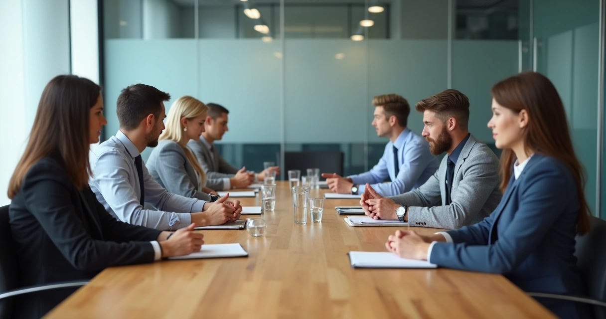 Mesa de reunião com poucas pessoas falando e outras em silêncio 