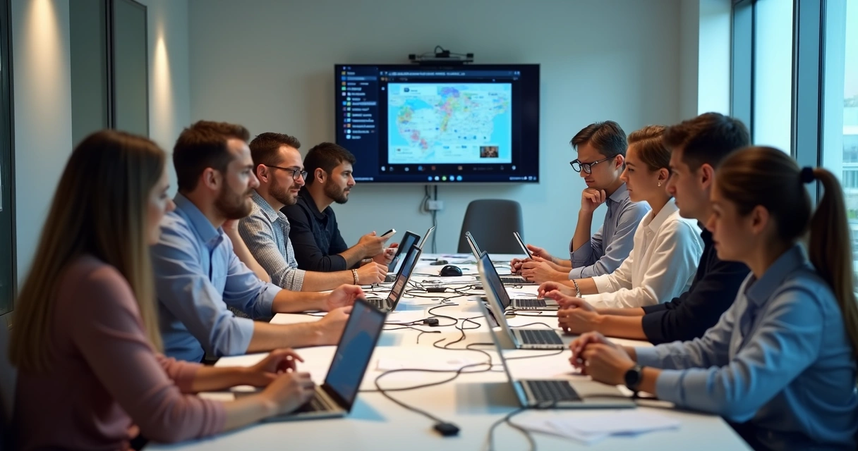 Várias pessoas confusas olhando para diferentes telas de celular em uma mesa de reunião 