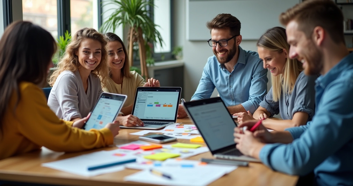 Equipe reunida em mesa colaborando com tablets e laptops 