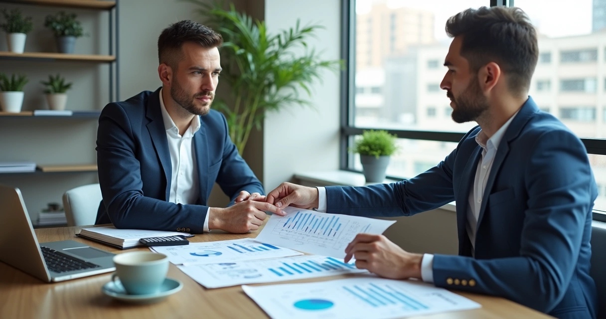 Reunião de diagnóstico comercial entre consultor e empresário com relatórios financeiros 