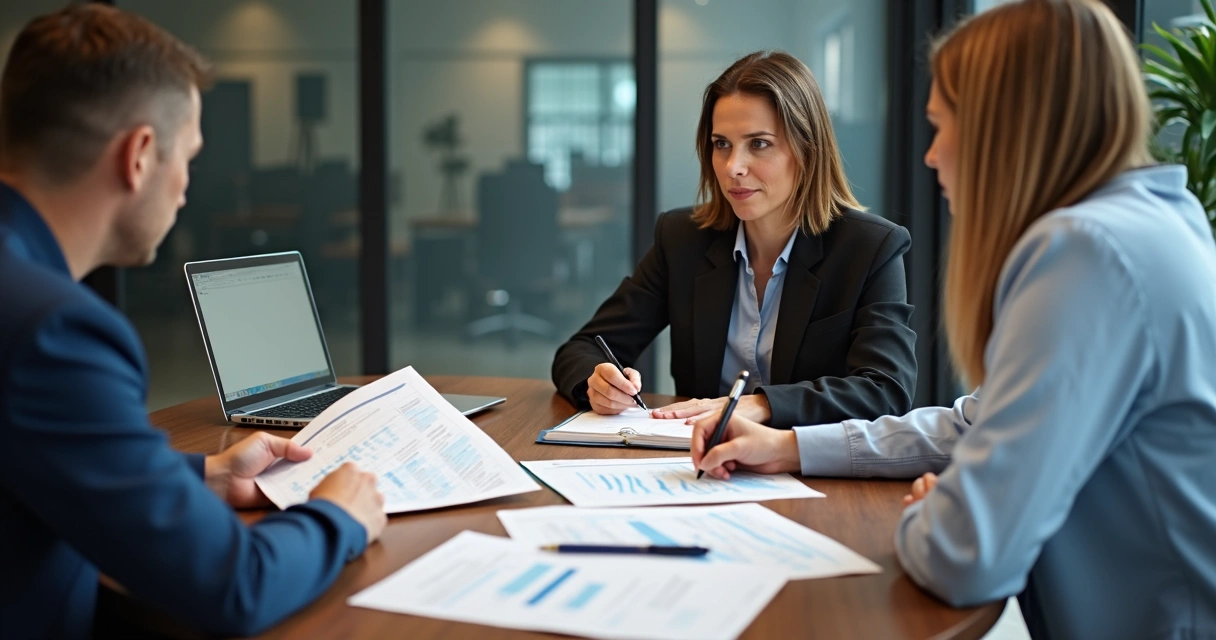 Reunião contábil com papéis, gráficos e diálogo consultivo 