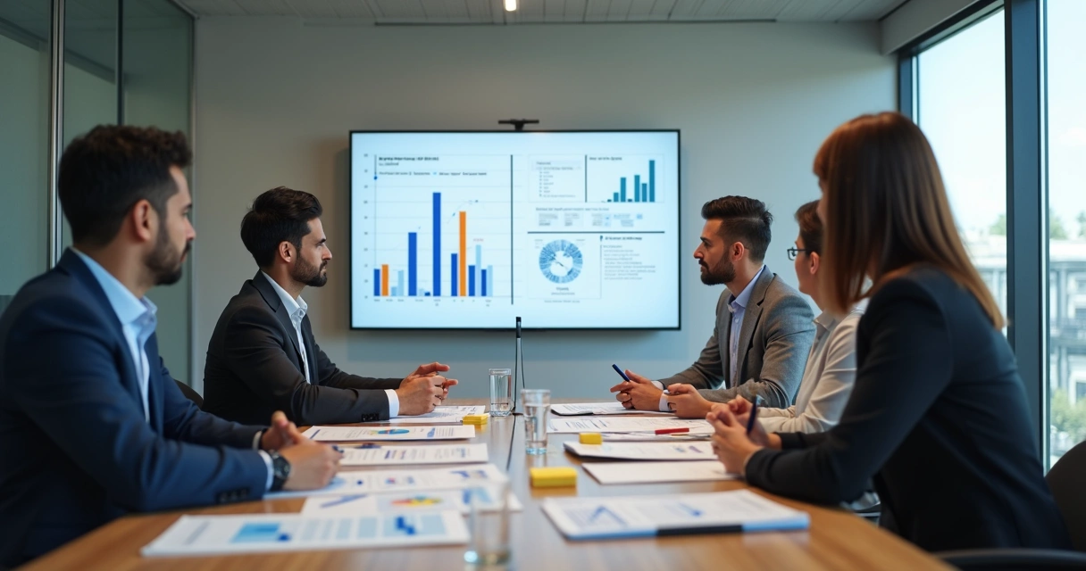 Equipe em reunião analisando indicadores e diagnóstico da empresa 