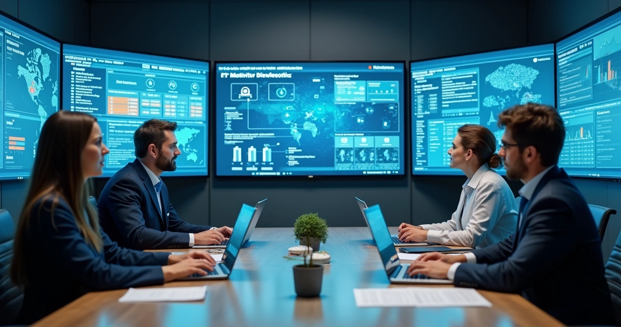 Equipe reunida analisando indicadores de TI em telas 