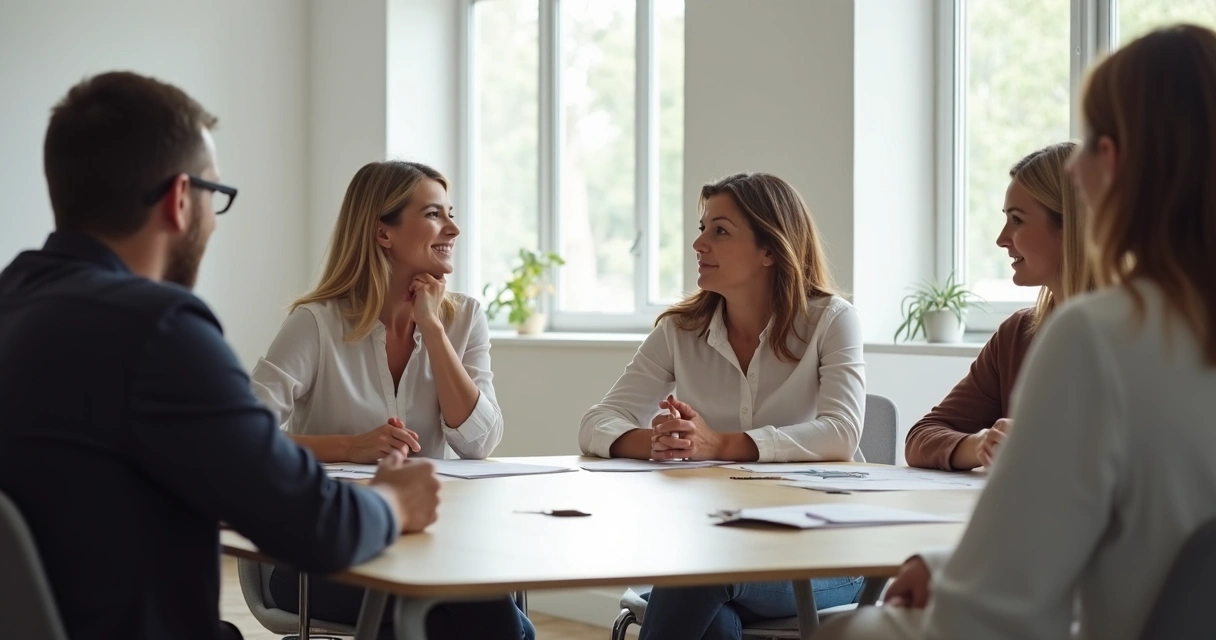 Grupo de pessoas conversando ao redor de uma mesa, com expressões de escuta e respeito. 