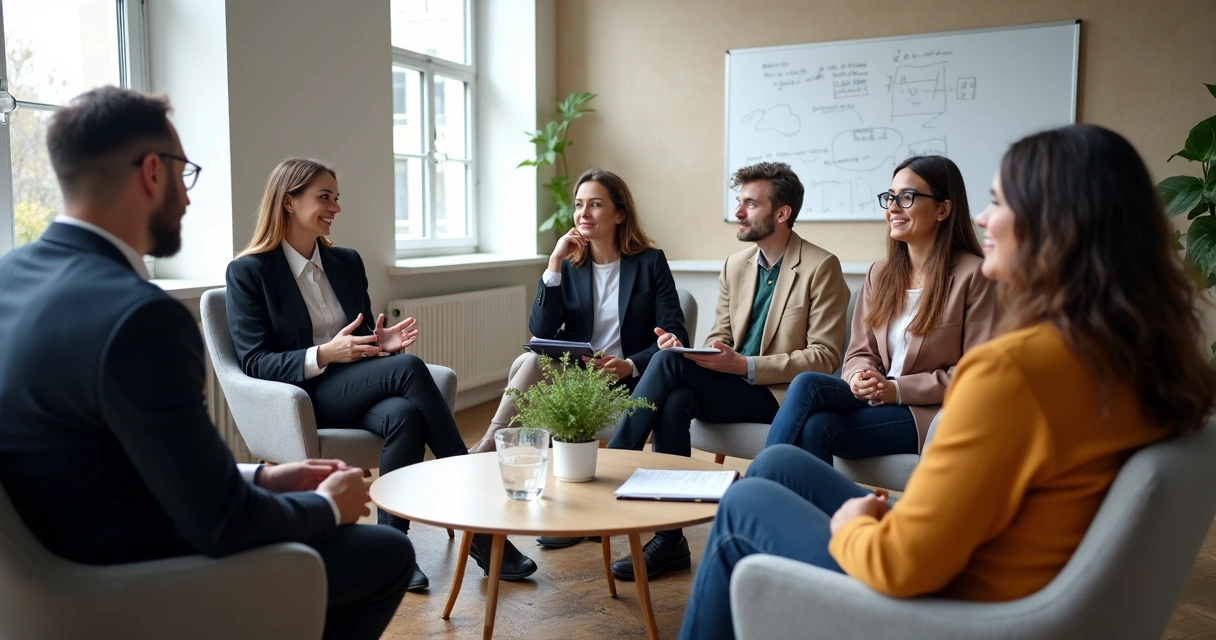 Equipe de trabalho sentada em círculo debatendo com expressões abertas e acolhedoras 