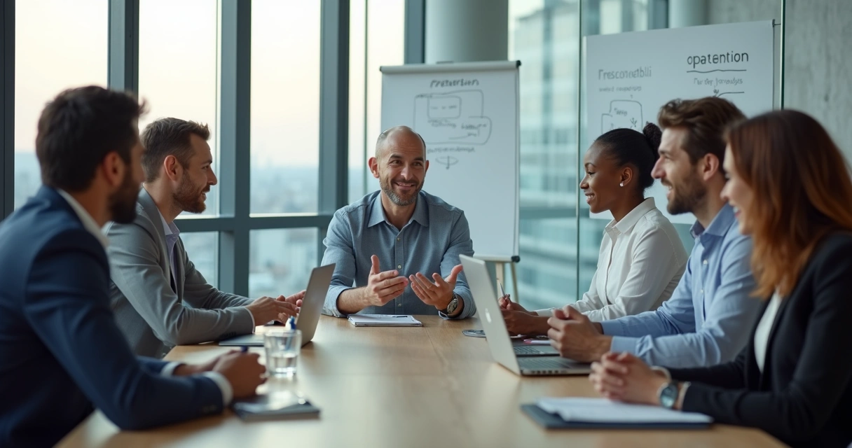 Líder e equipe em reunião de diálogo prevenindo crise organizacional 
