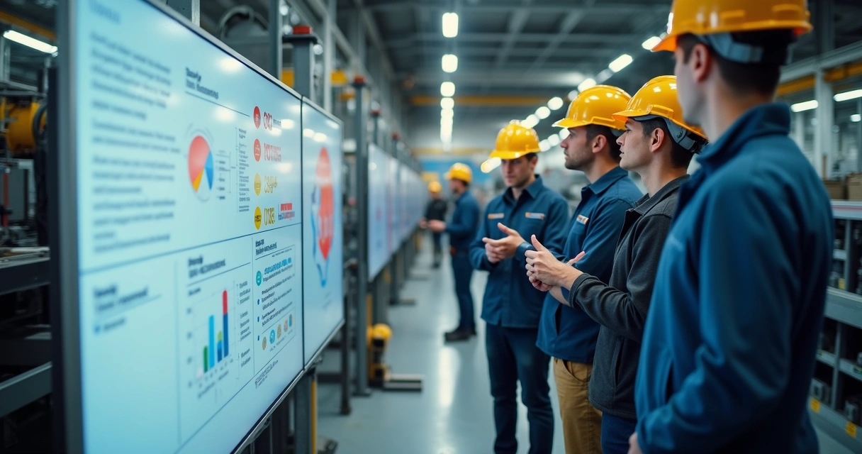 Lideranças da fábrica em reunião diária perto do quadro de produção 
