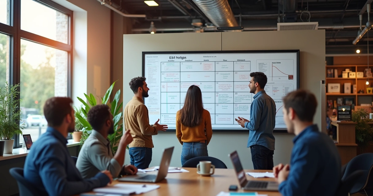 Reunião diária SCRUM, agência de viagens, pessoas em pé diante do quadro 