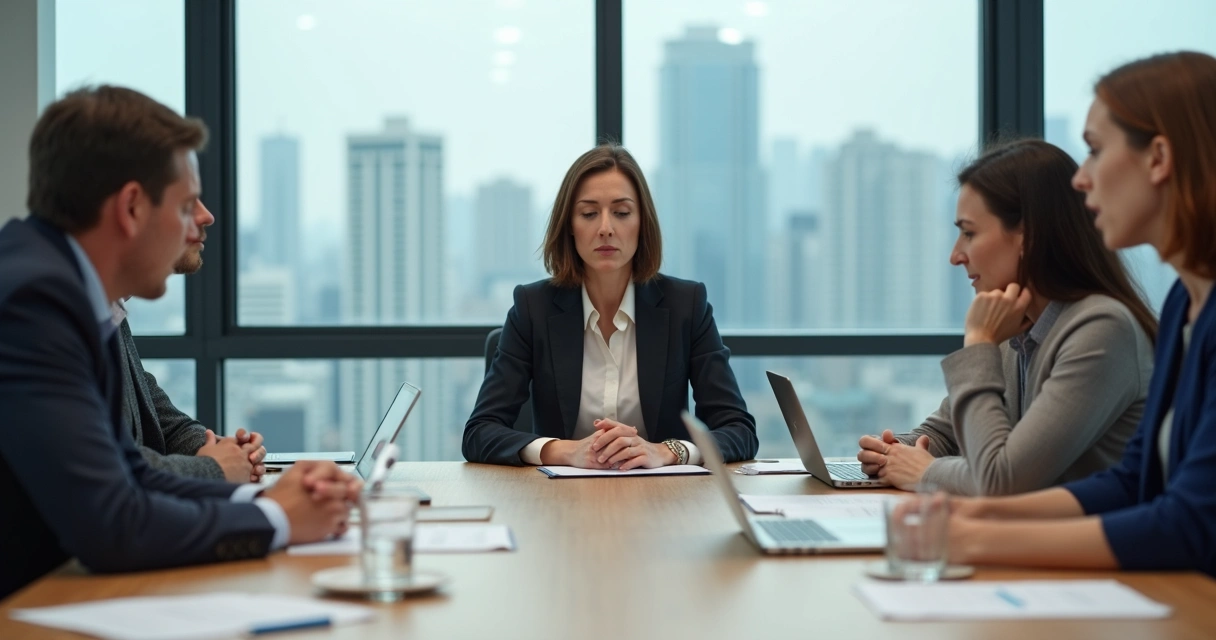 Pessoa em reunião difícil respirando fundo e mantendo a calma em meio a colegas tensos 