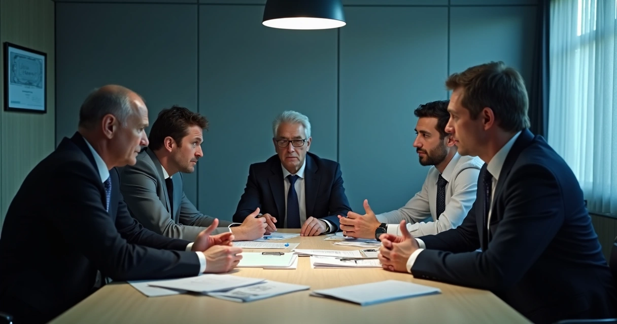Pessoas sentadas ao redor de uma mesa em reunião tensa, expressões sérias e papéis espalhados 