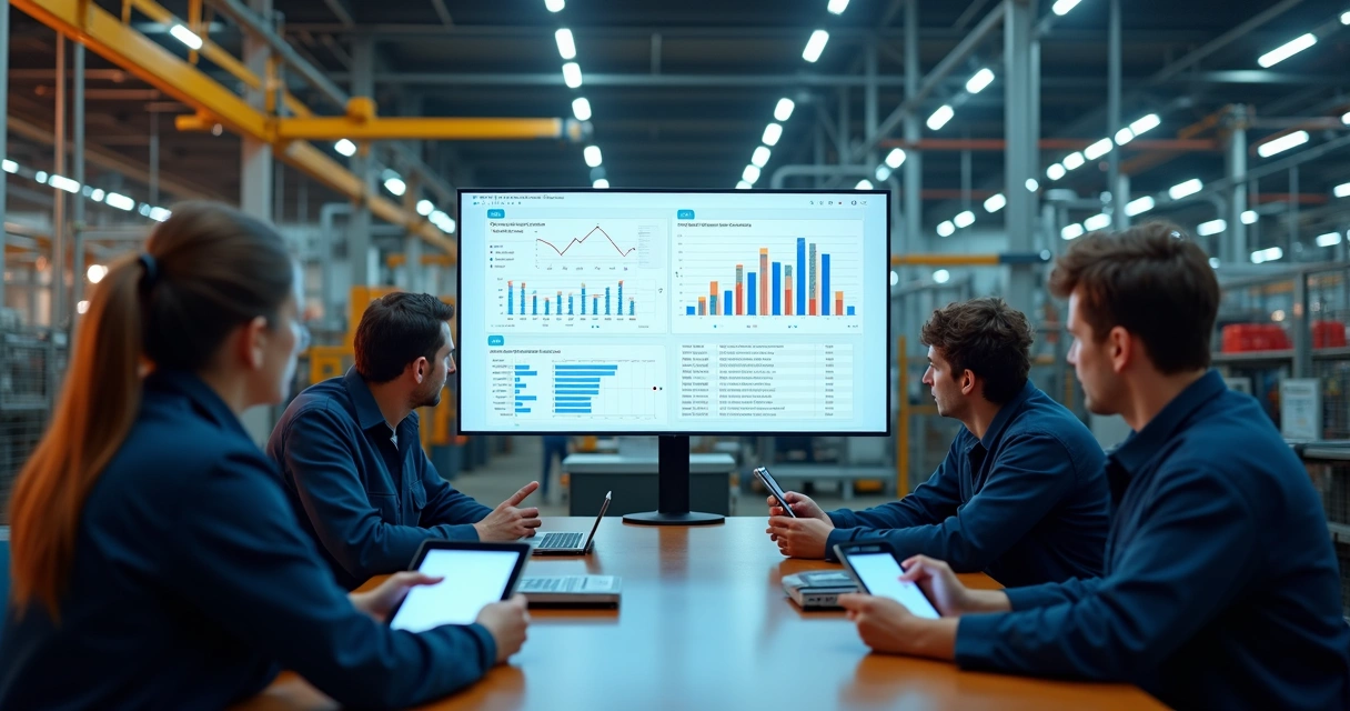 Equipe industrial discute processos em videoconferência com painel visual ao fundo 