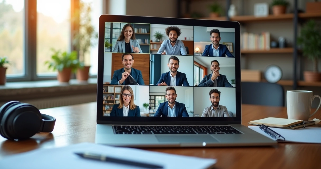 Equipe em videoconferência com participantes de diferentes lugares