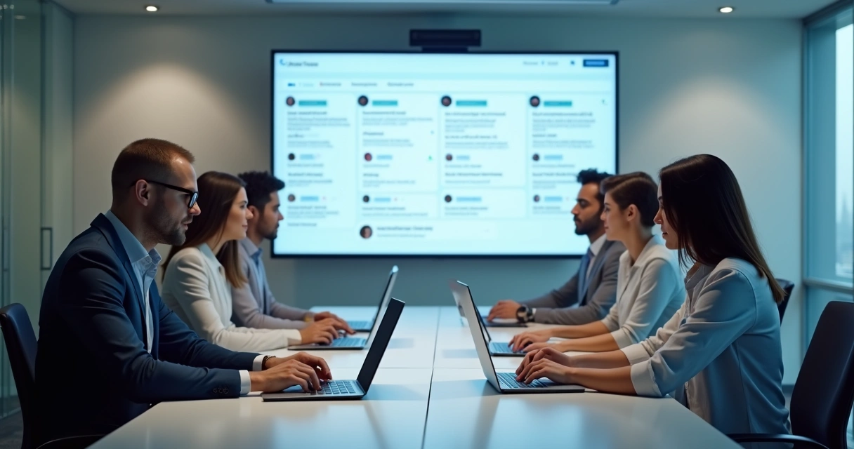 Reunião digital em grupo corporativo na tela de computador. 