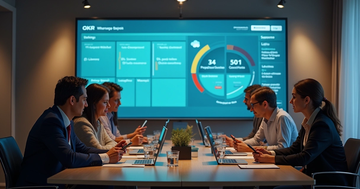 Equipe de PME conectada em reunião digital, acompanhando OKRs em tempo real. 