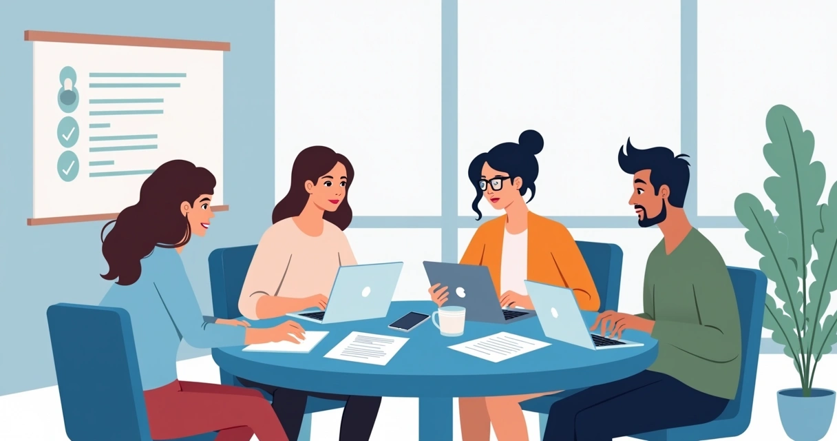 Grupo de pessoas em mesa digitando conteúdo em laptops 