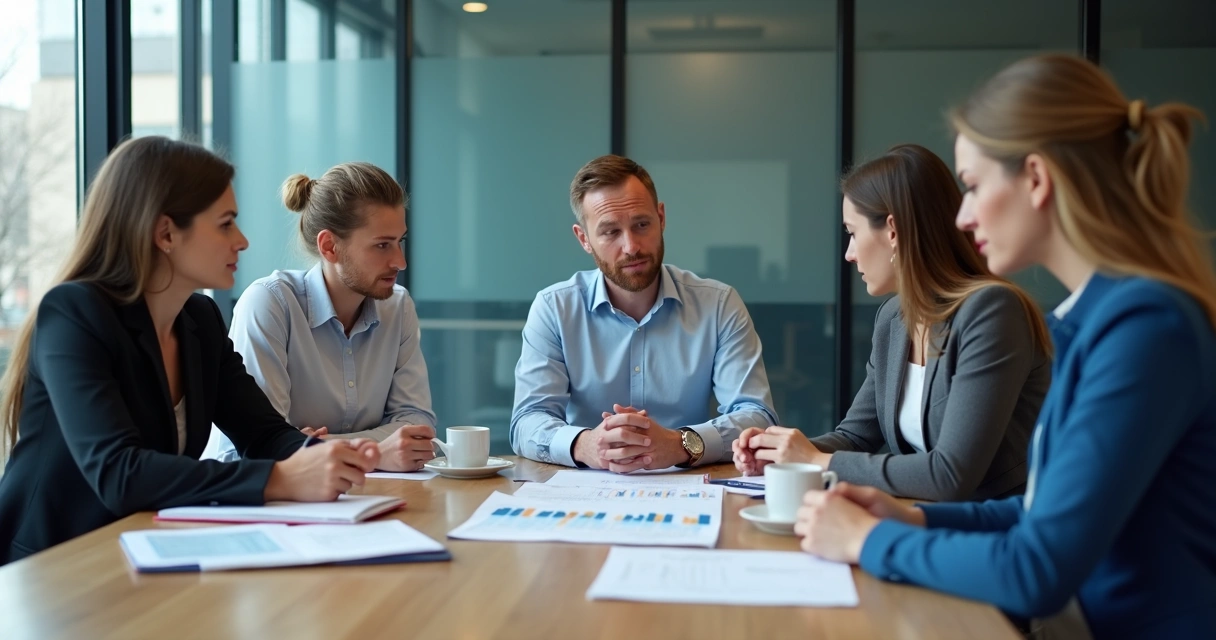 Equipe em reunião diante de decisão ética com expressões tensas 