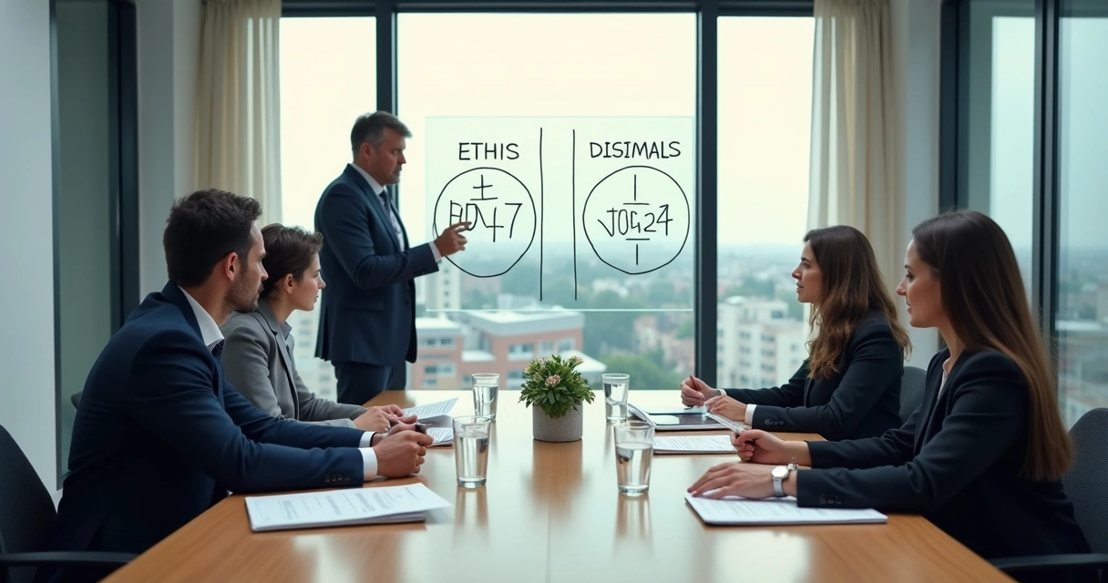 Equipe em reunião discutindo decisão ética