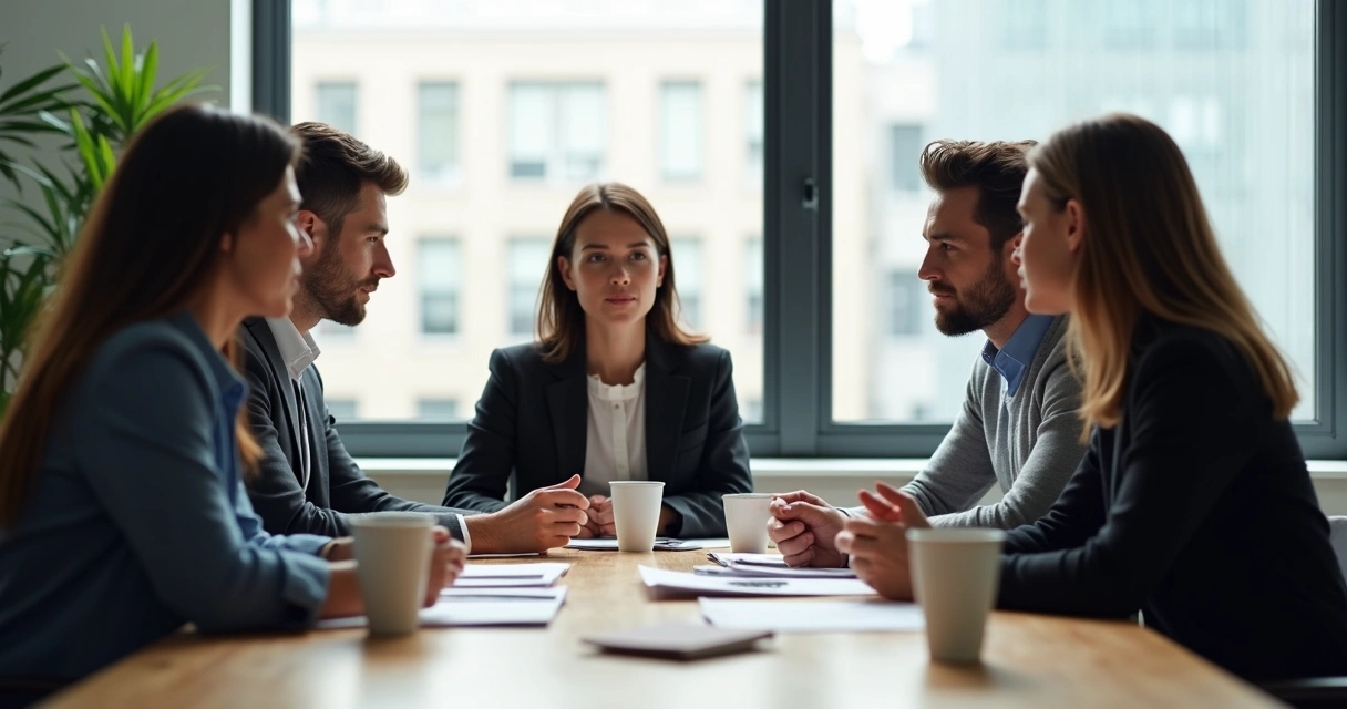 Equipe de trabalho sentada à mesa em reunião reflexiva