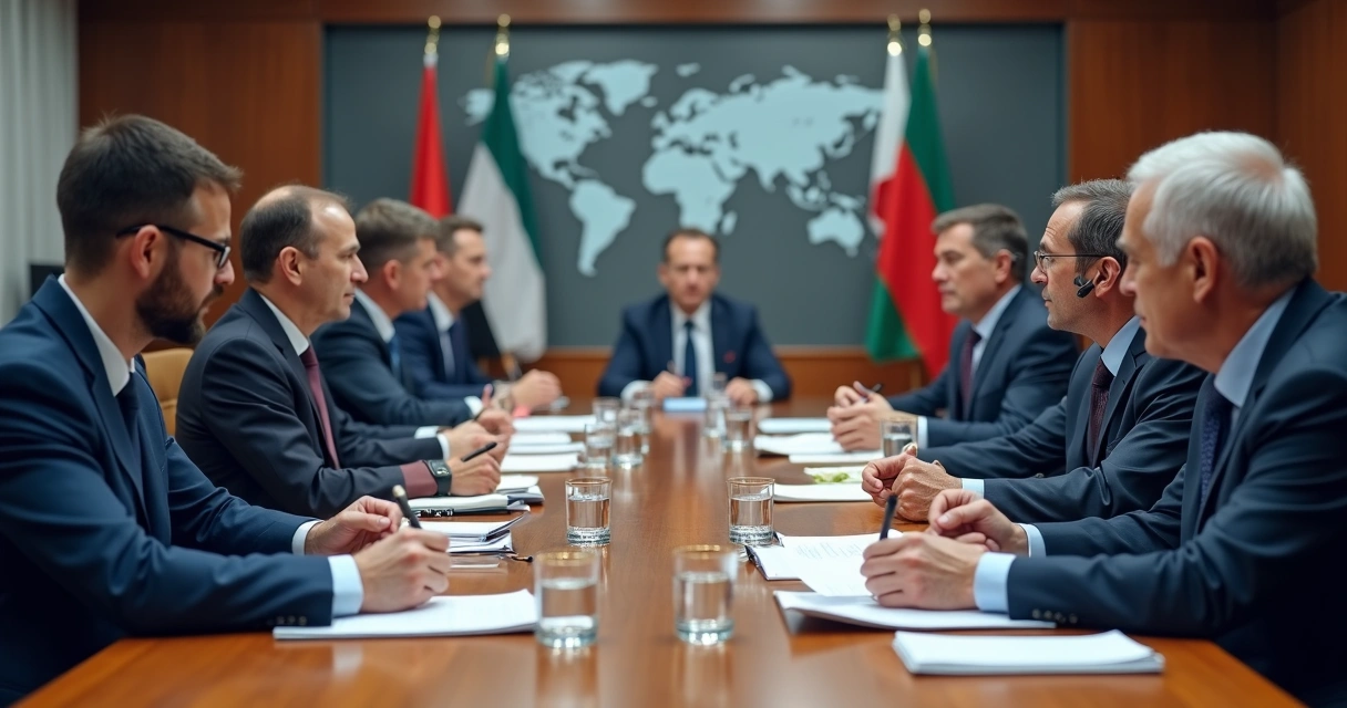 Delegações em mesa de negociação com documentos e tradutores