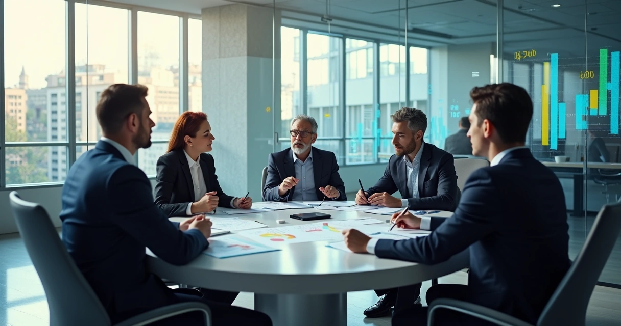 Diretores de negócios discutindo documentos em uma sala de reunião com gráficos na parede.