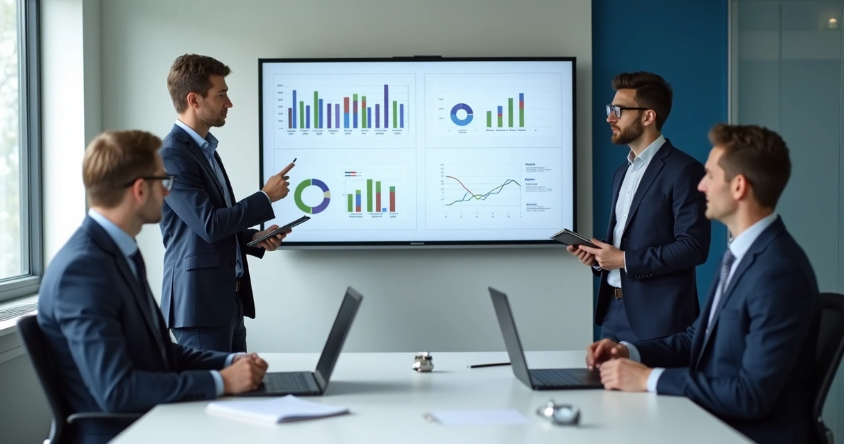 Diretores de PME em reunião enxuta analisando painel de resultados na parede 