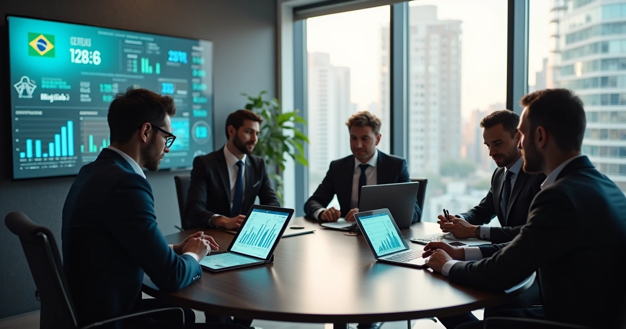 Equipe de diretoria analisando relatórios financeiros e CMV em sala de reunião 