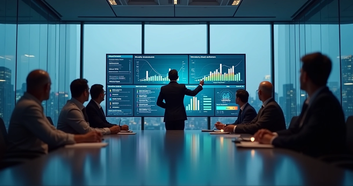 Diretoria reunida acompanhando apresentação de resultados de projetos em tela digital 